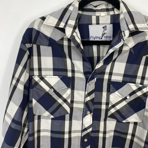 Flying Hoss Pearl Snap Shirt Men size Medium Plaid Long Sleeve Western Ranch - Picture 3 of 11